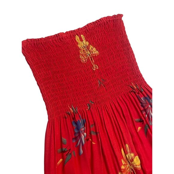 Red Strapless Smocked Maxi Dress W/ Butterfly Embroidery & Tassel Hem OS - Picture 5 of 7